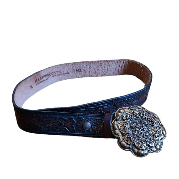 Belt Dark Brown Leather Belt with a large floral Buckle western embellished wrap - Picture 1 of 4